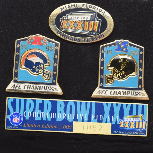Super Bowl XXXIII Commemorative 4 Pin Set 1052 of 5000 Broncos Falcons NFC AFC - Picture 1 of 7